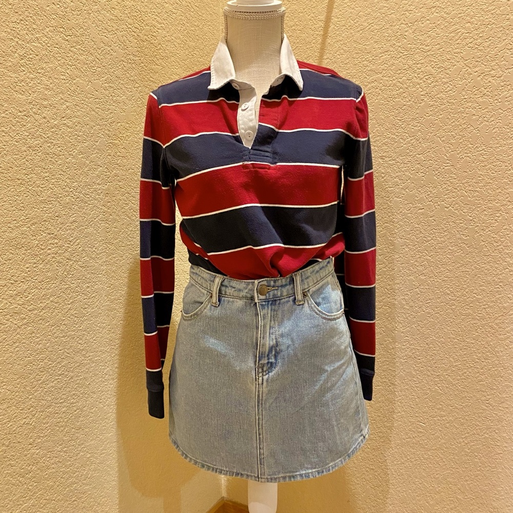 Retro Blue and Red, Ladies Long Sleeve Polo Shirt